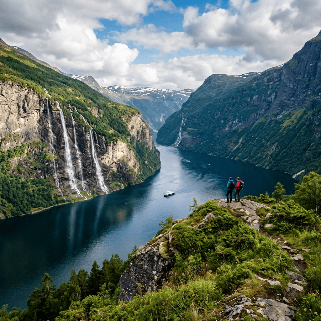 Two hikers overlooking a fjord with waterfalls and a boat