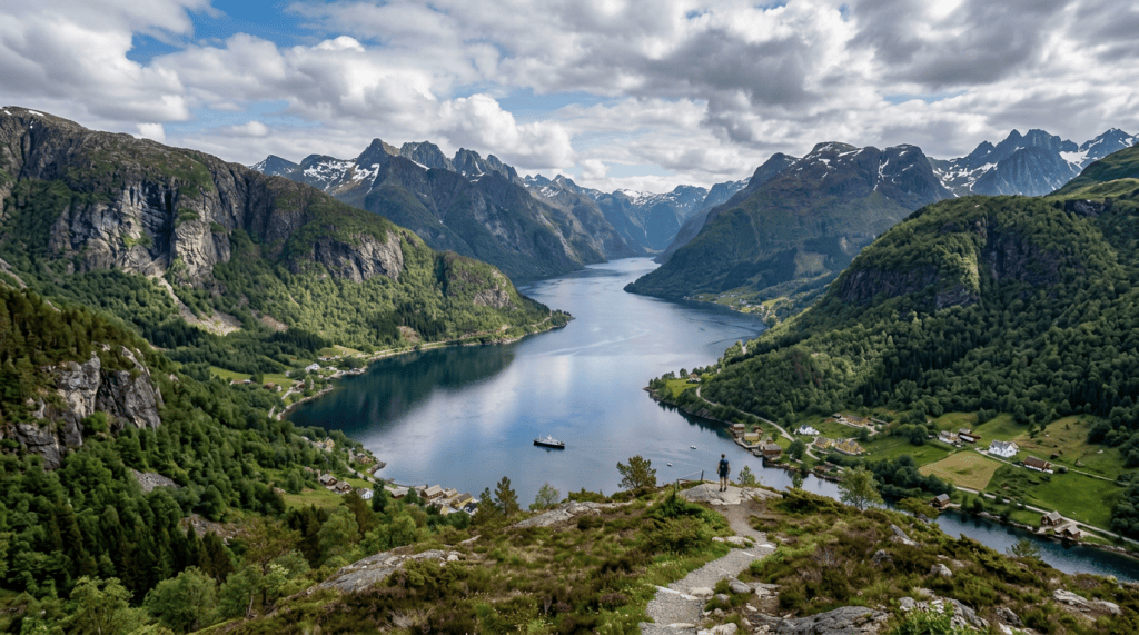 Hiker overlooking a Norwegian fjord surrounded by mountains and villages