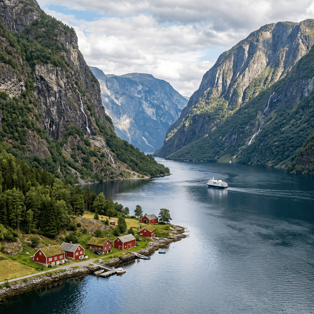 Cruise ship passing a red-roofed village on a steep Norwegian fjord